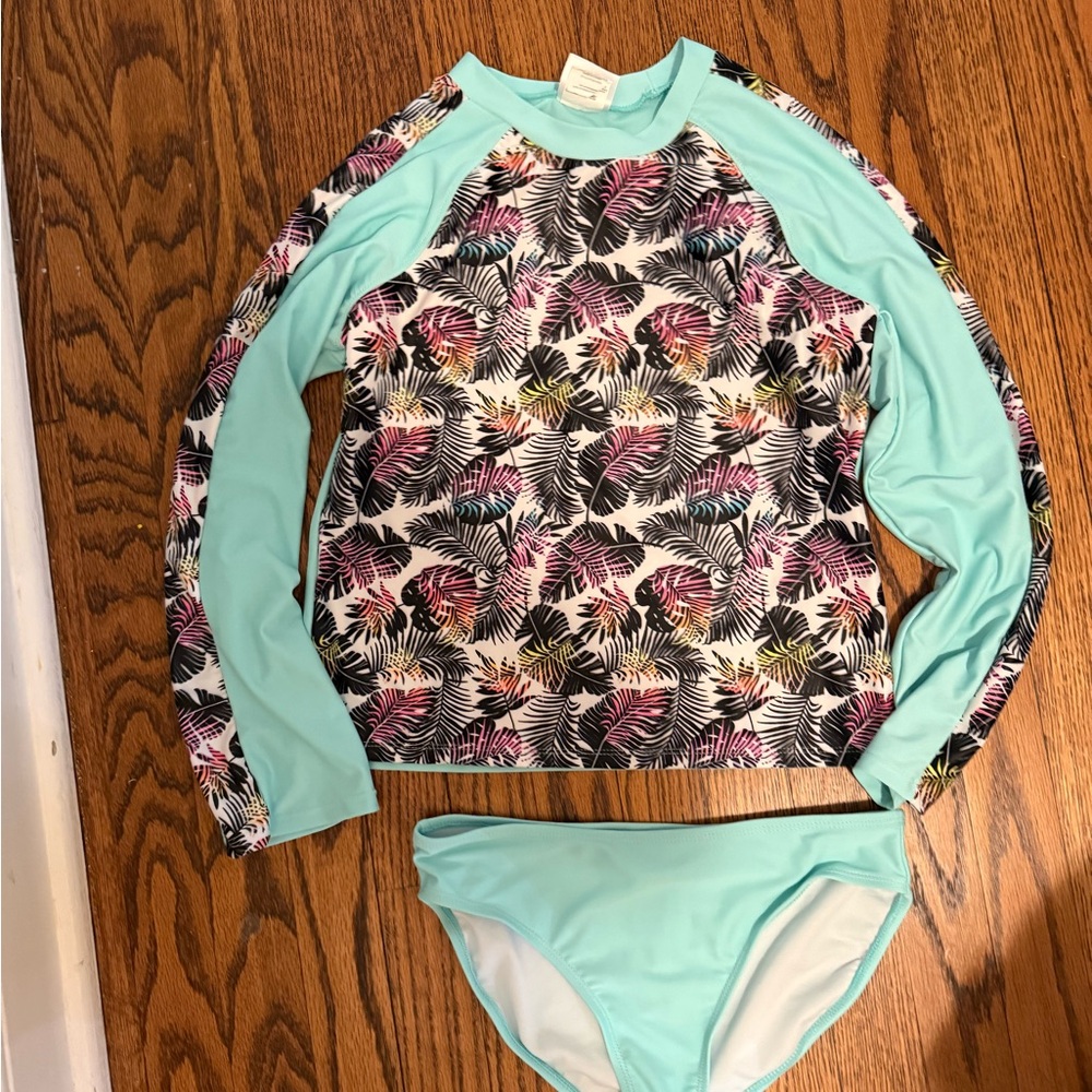 Kids Long Sleeve Rash Guard Set in Aqua with Tropical Print
